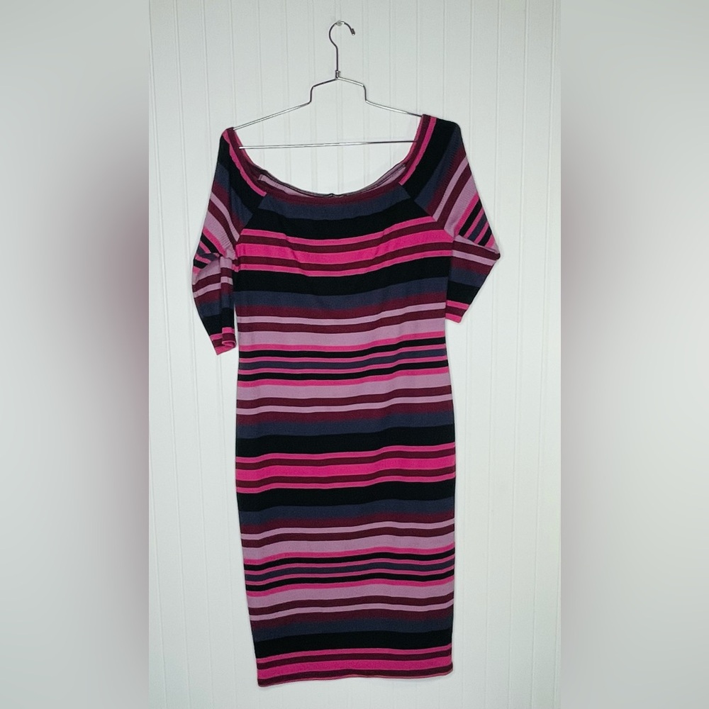 Lane Bryant Off-Shoulder Striped Bodycon Dress in Pink, Black and Burgundy - Picture 2 of 6